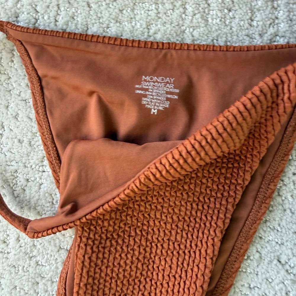Monday Swimwear Bikini Set Women P/M Rust Brown Crinkle Triangle High Leg 12073